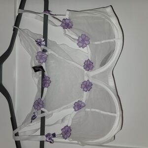 White and Purple Floral Embroidered Bra